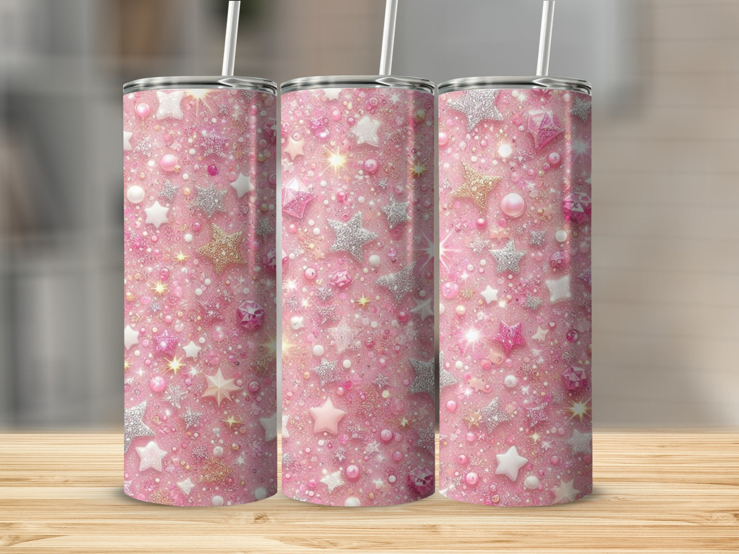 Pink tumbler with glittery stars and circles pattern.