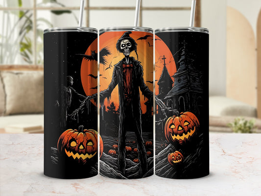 Halloween tumblers featuring a skeleton, bats, pumpkins, and a spooky haunted house.