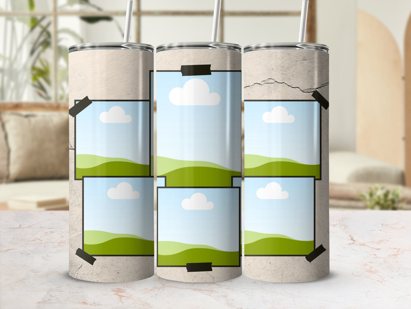 Three tumblers with distressed texture, each displaying a grid of landscape photo placeholders.