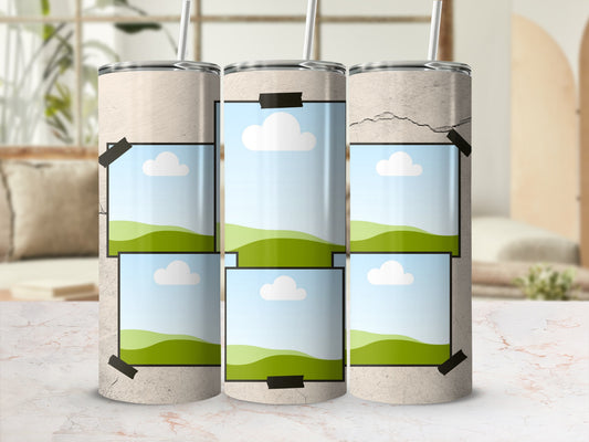 Three tumblers with distressed texture, each displaying a grid of landscape photo placeholders.