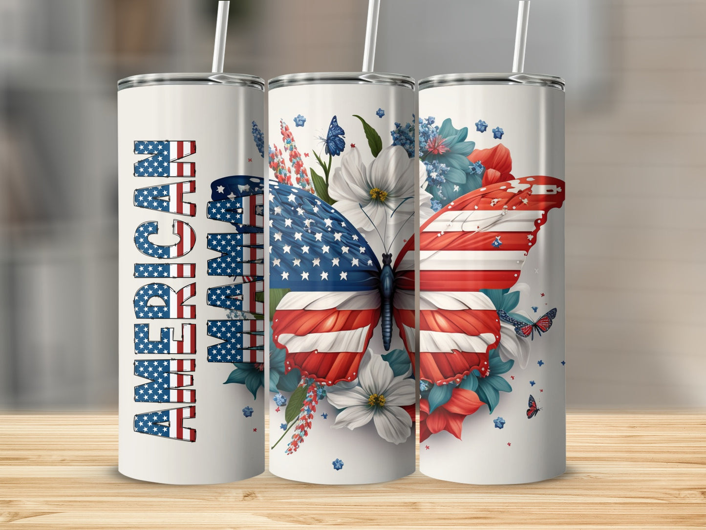 Tumbler with American flag butterfly and "American" text.