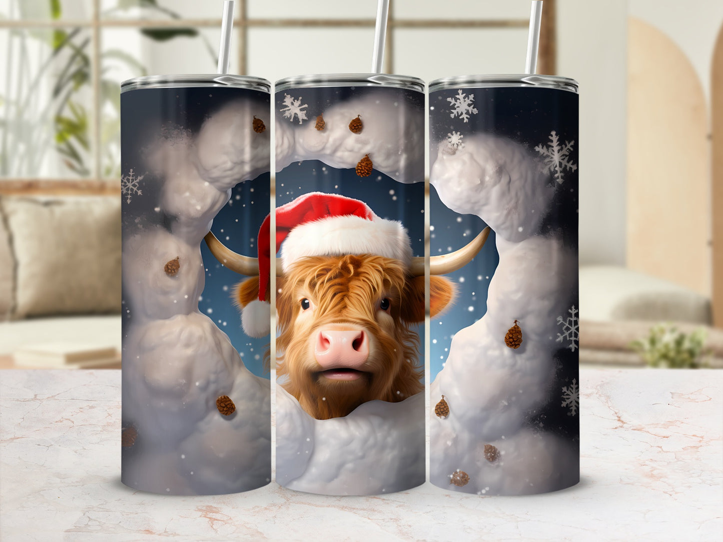 Festive Highland Cow with Santa Hat Skinny Tumbler Cup