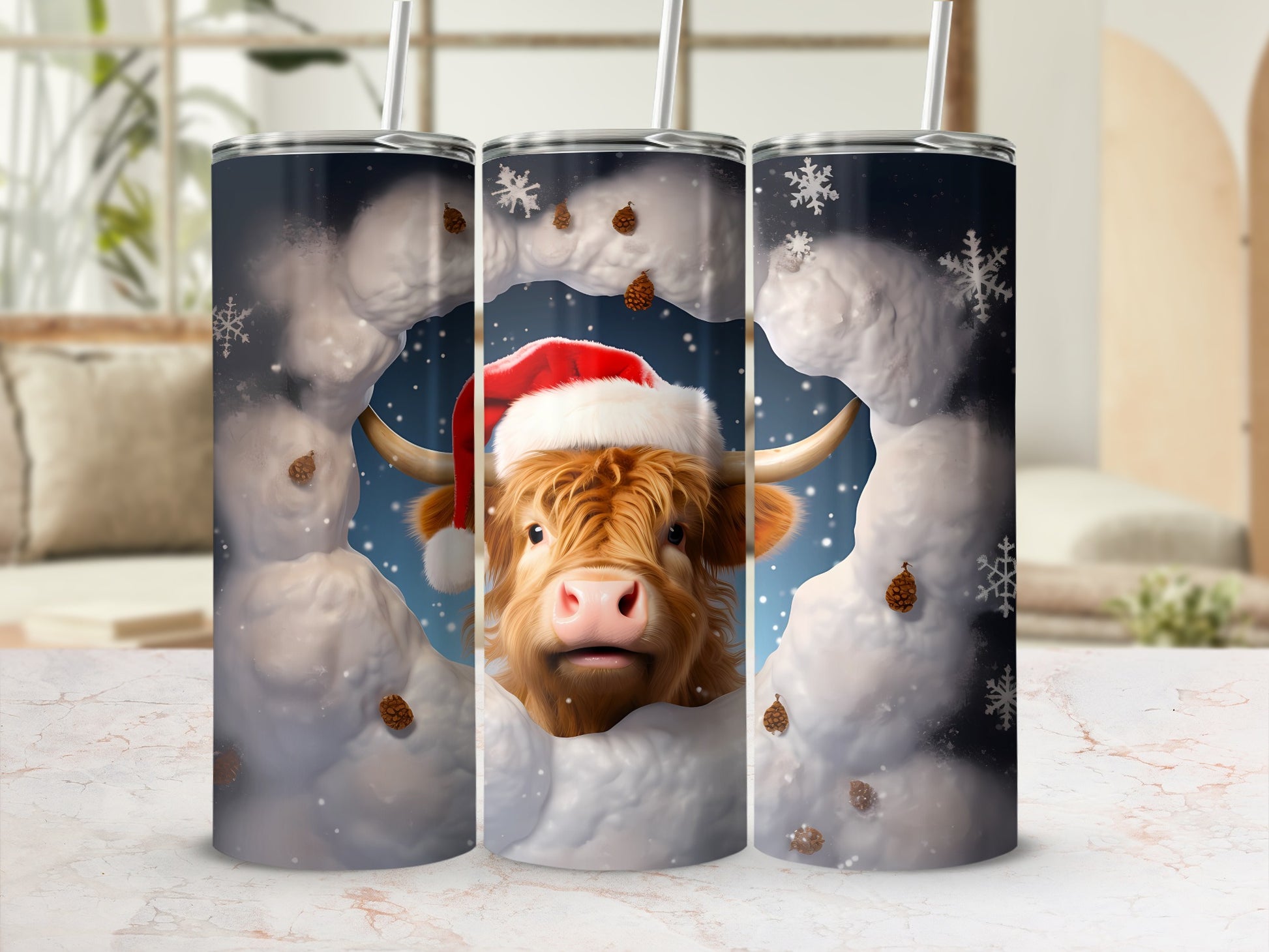 Festive Highland Cow with Santa Hat Skinny Tumbler Cup