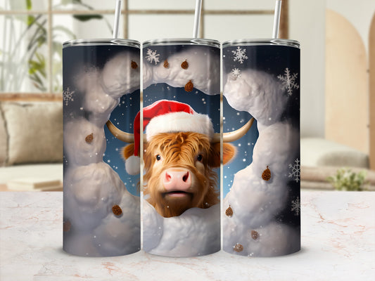 Festive Highland Cow with Santa Hat Skinny Tumbler Cup