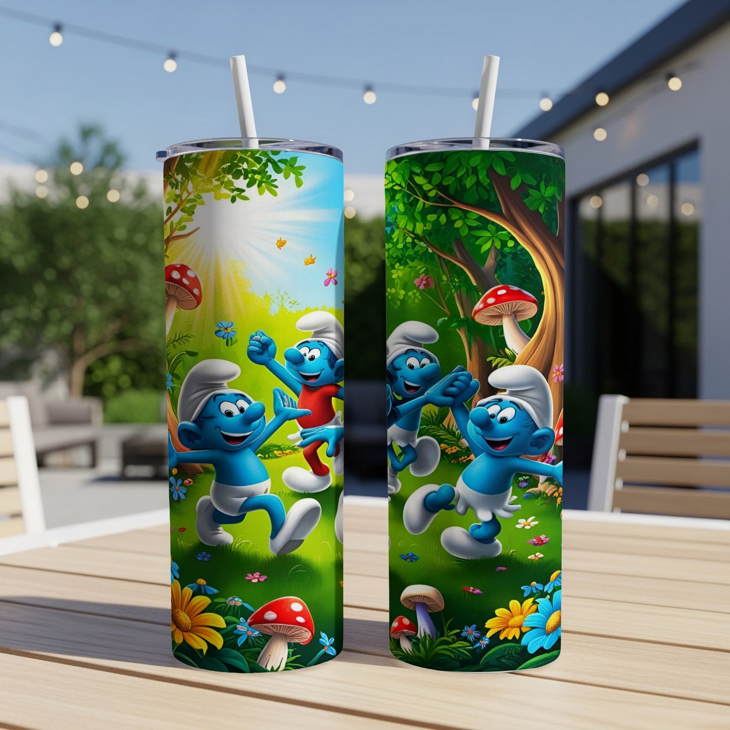 Two Smurfs standing on a grassy hill with mushrooms and flowers.