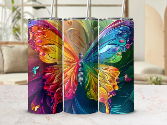 Colorful butterfly tumbler with ombre wings and iridescent accents.