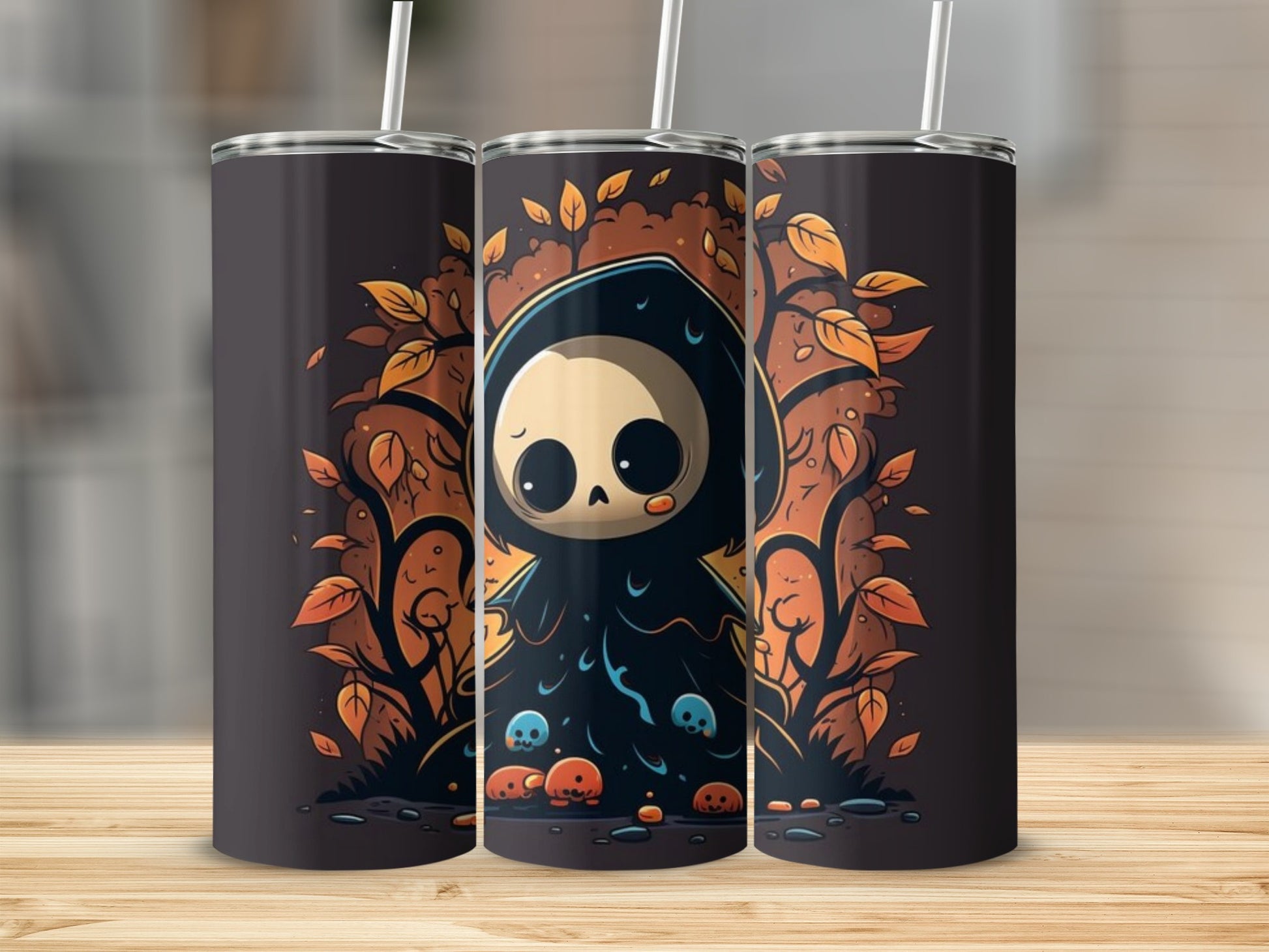 Three tumblers featuring a cute grim reaper character and autumn leaves.