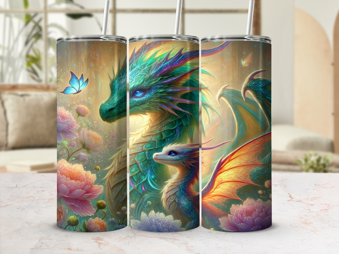 Enchanting Dragon and Floral Design Insulated Tumbler