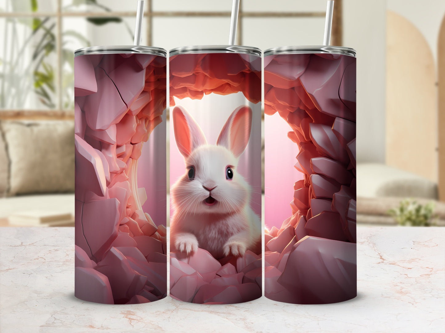 Adorable White Bunny in Pink Cave Tumbler ürünü