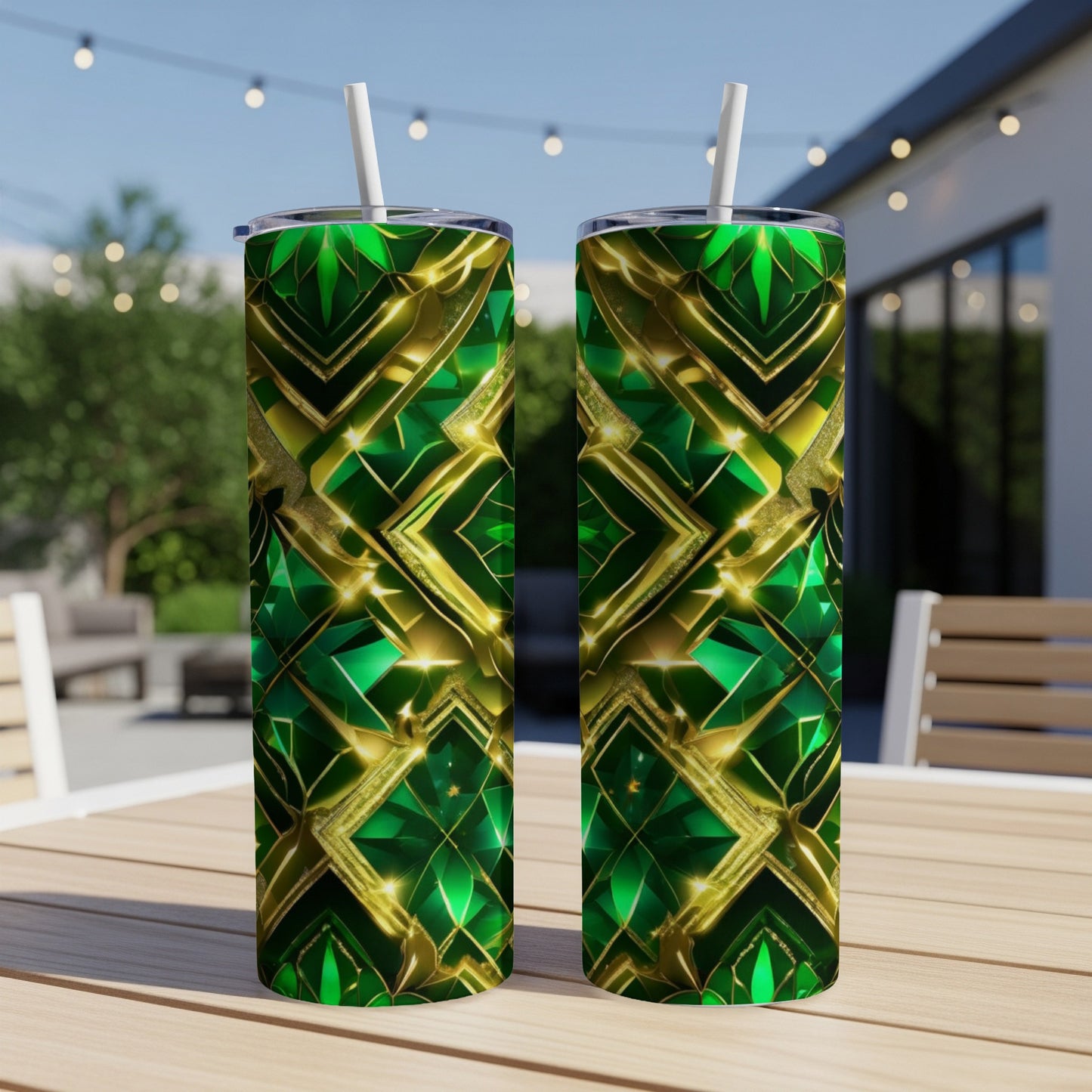 Two green and gold patterned tumblers with straws on a wooden table.