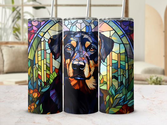 Rottweiler dog portrait against stained glass background on three tumblers.