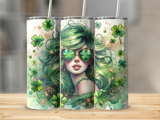 Woman with green hair and clover sunglasses, surrounded by clovers.