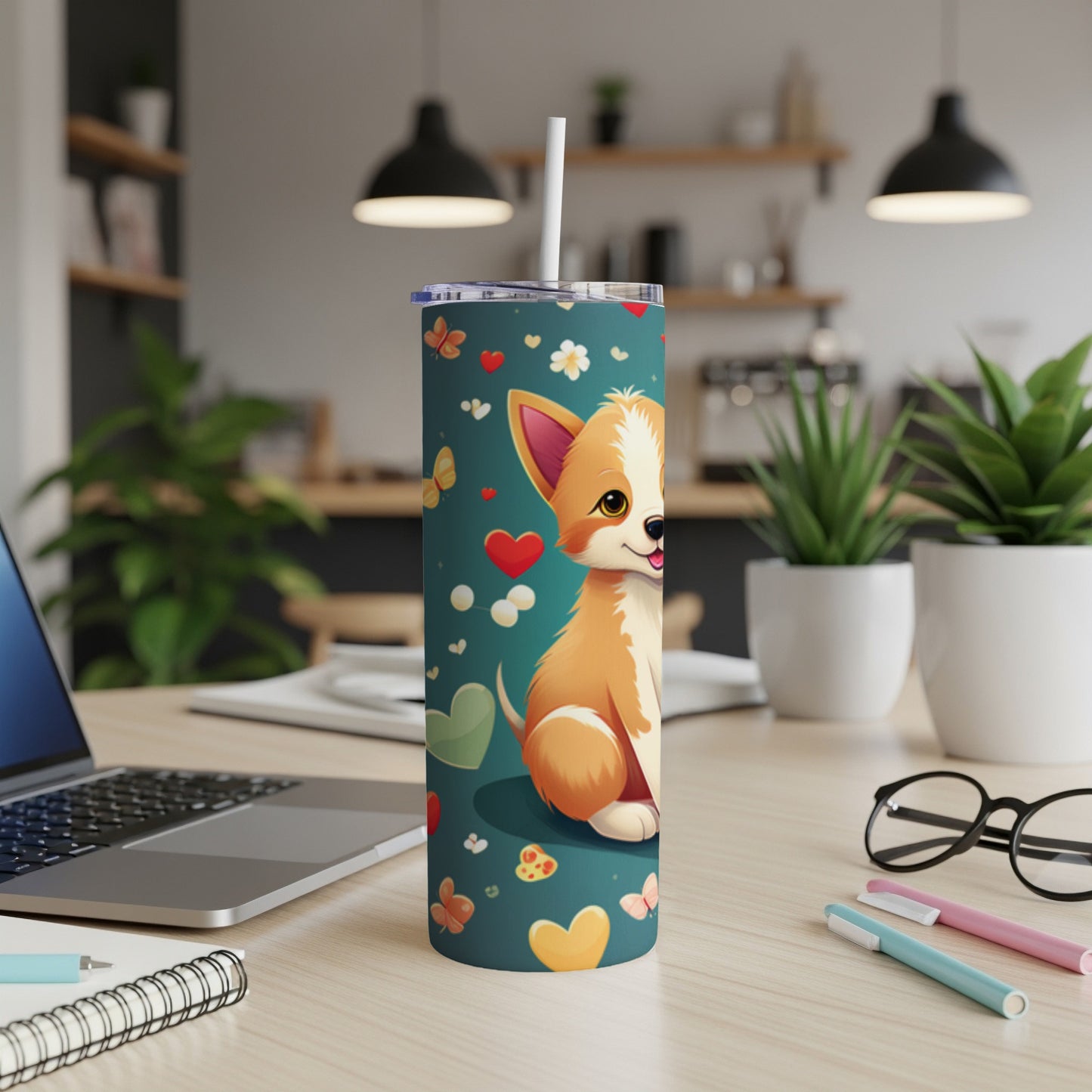 Chihuahua dog on a teal tumbler with hearts and butterflies.
