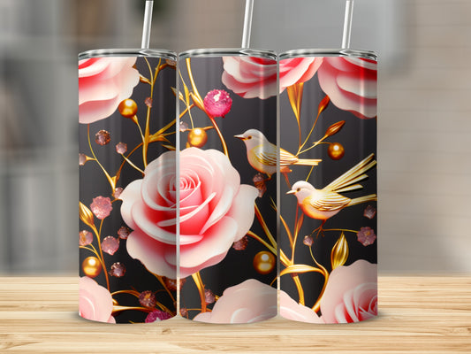 Three pink rose tumblers with gold accents and birds.