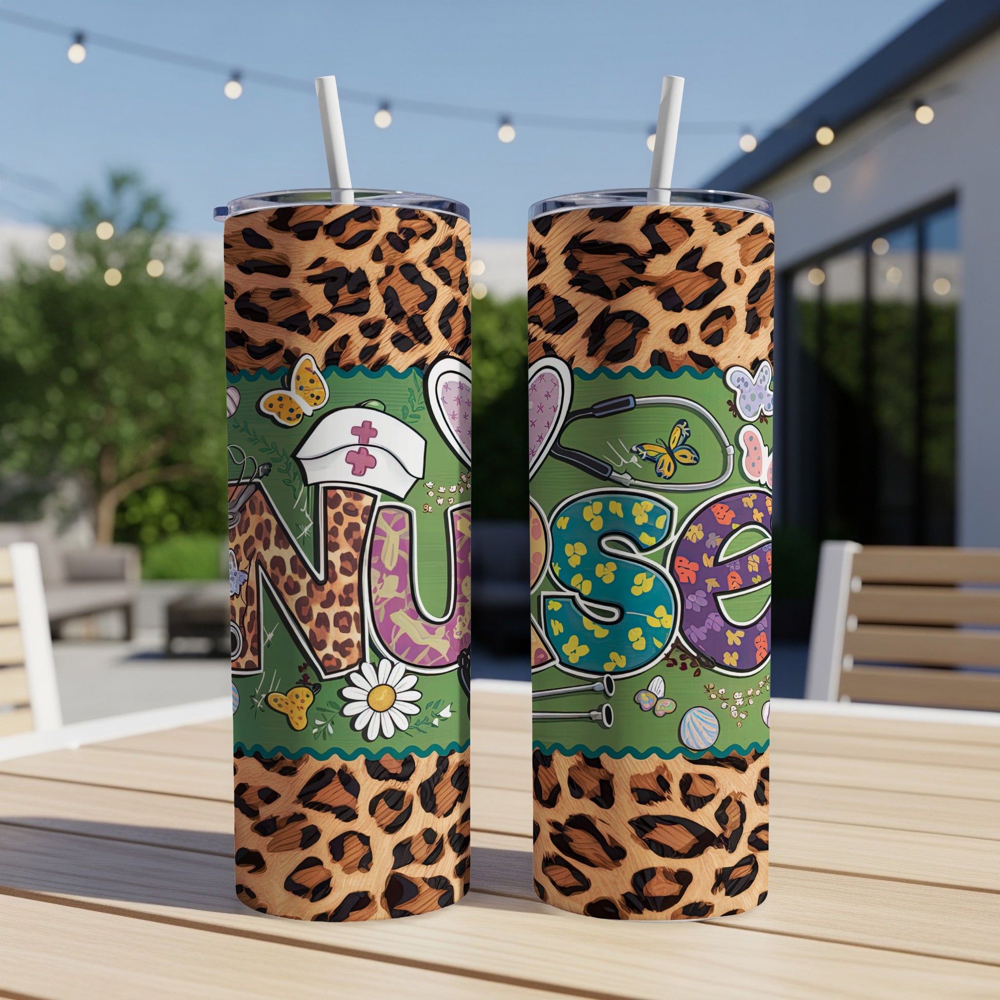 Two leopard print and floral nurse tumblers with butterflies and heart stethoscope.