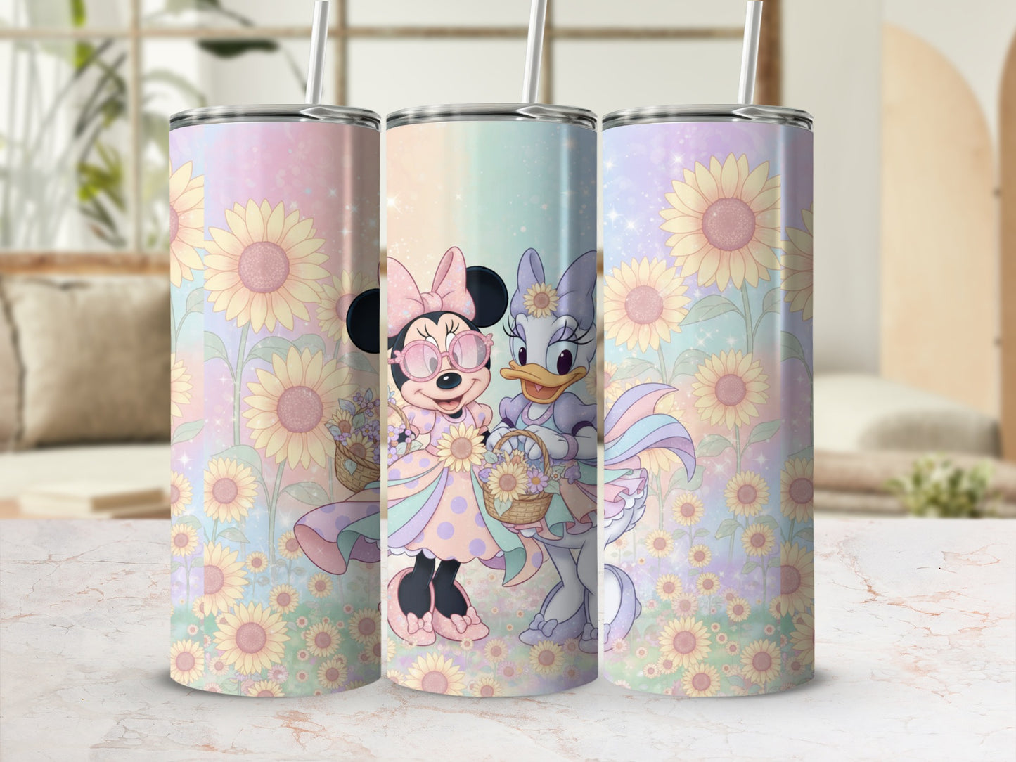 Cute Cartoon Characters and Sunflowers Tumbler Flask