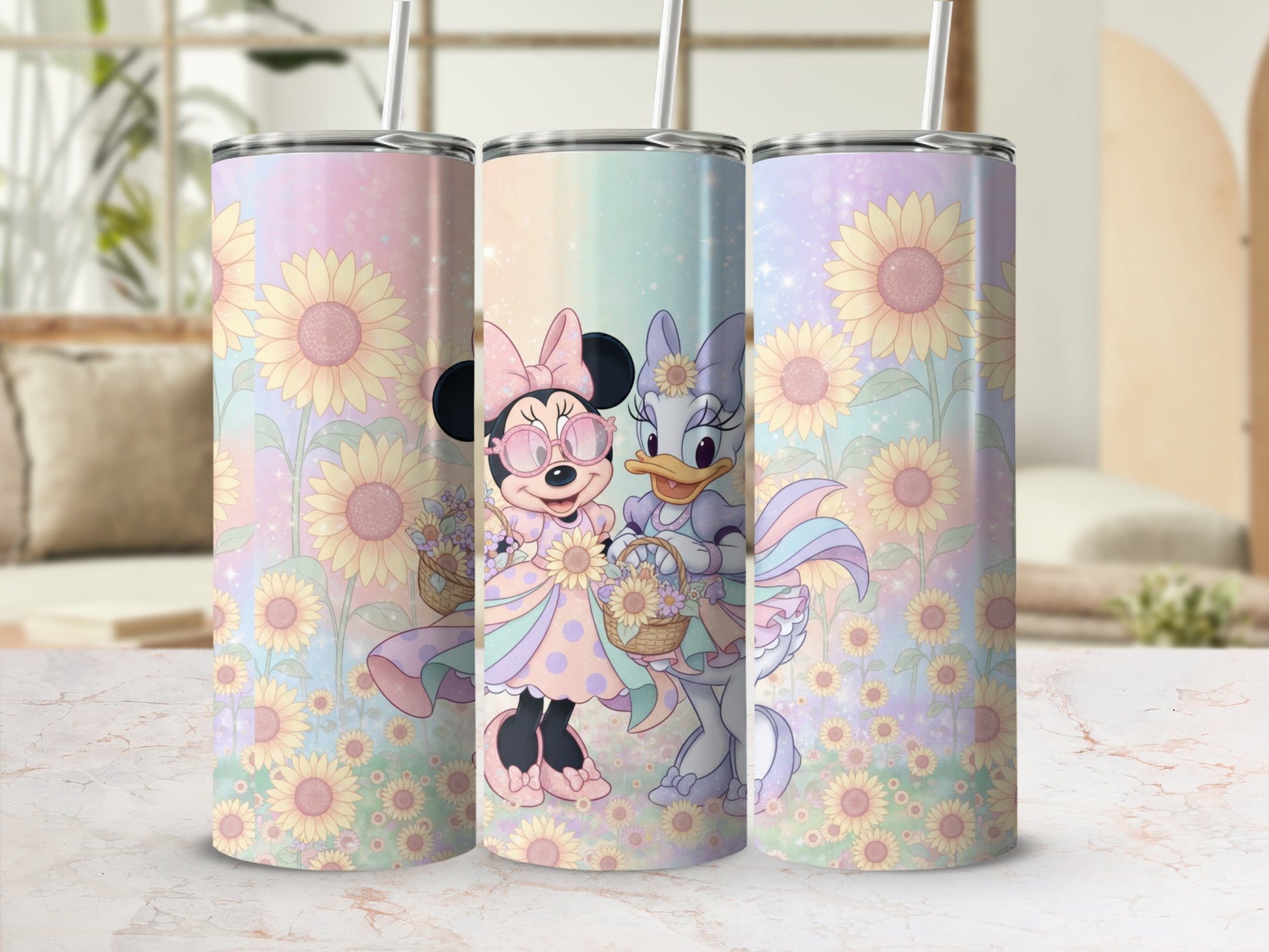 Cute Cartoon Characters and Sunflowers Tumbler Flask