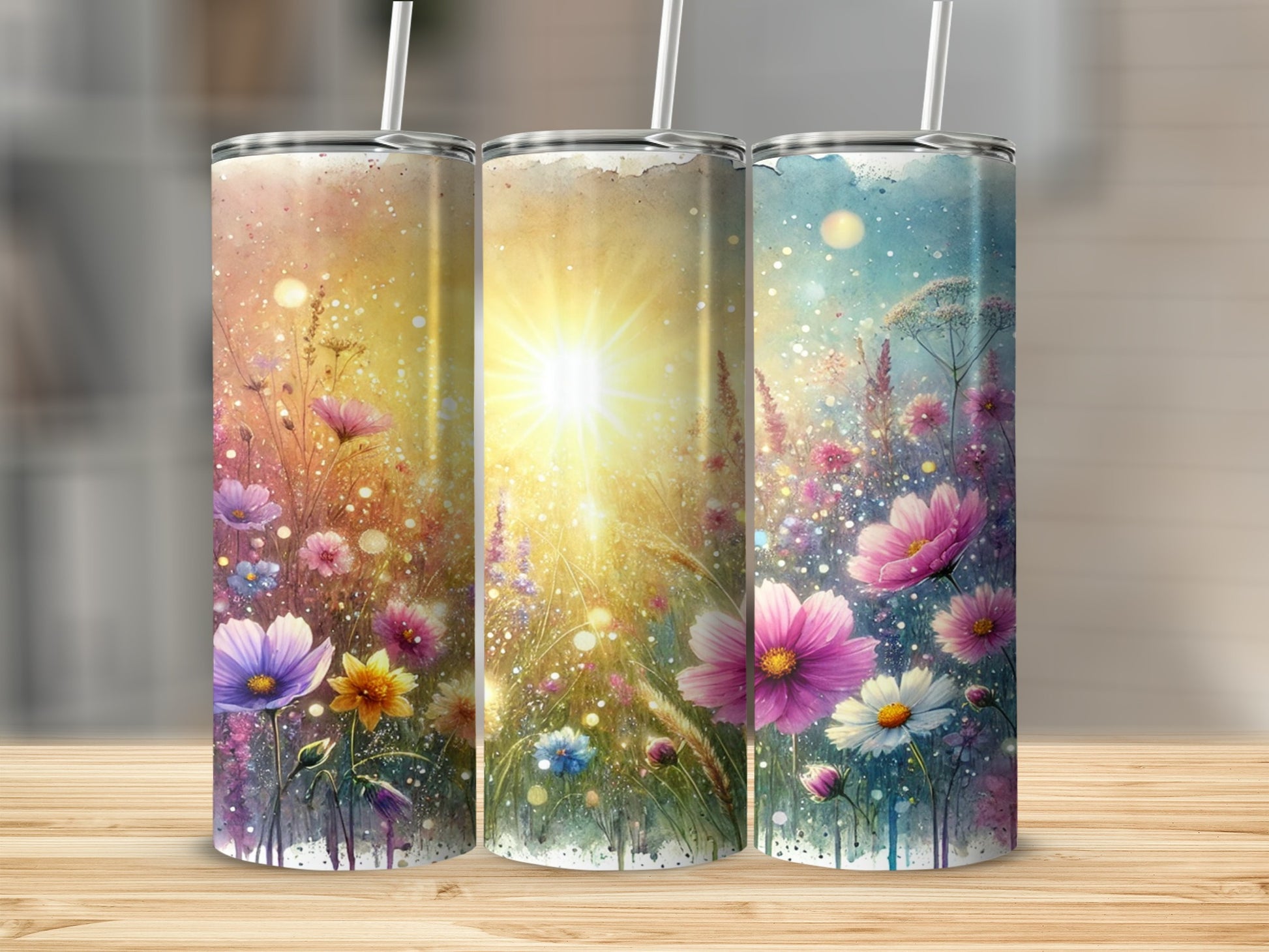 Vibrant Floral Sunburst Design Tumblers Set with Lids