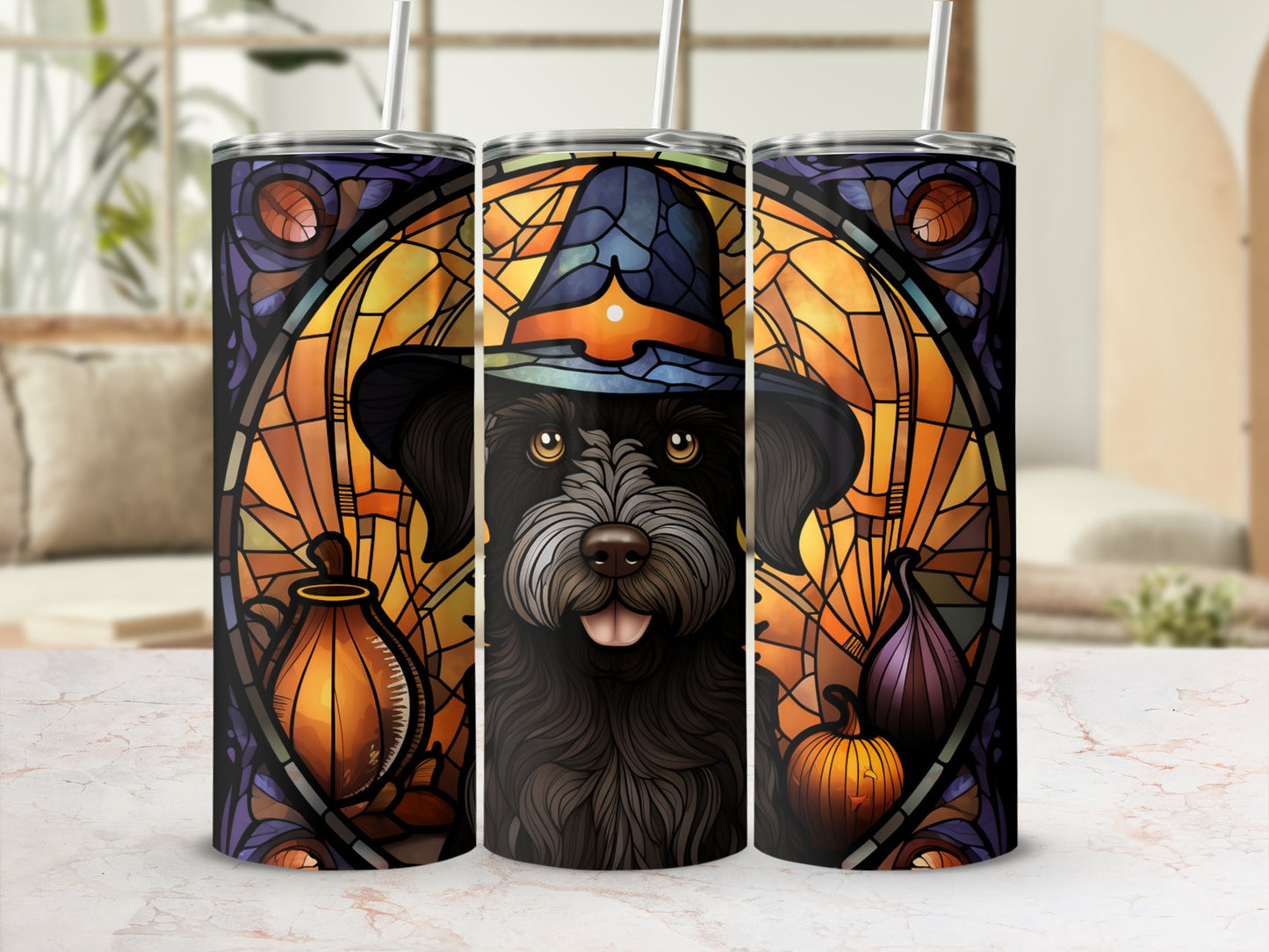Black dog wearing a witch hat in stained glass design tumbler.