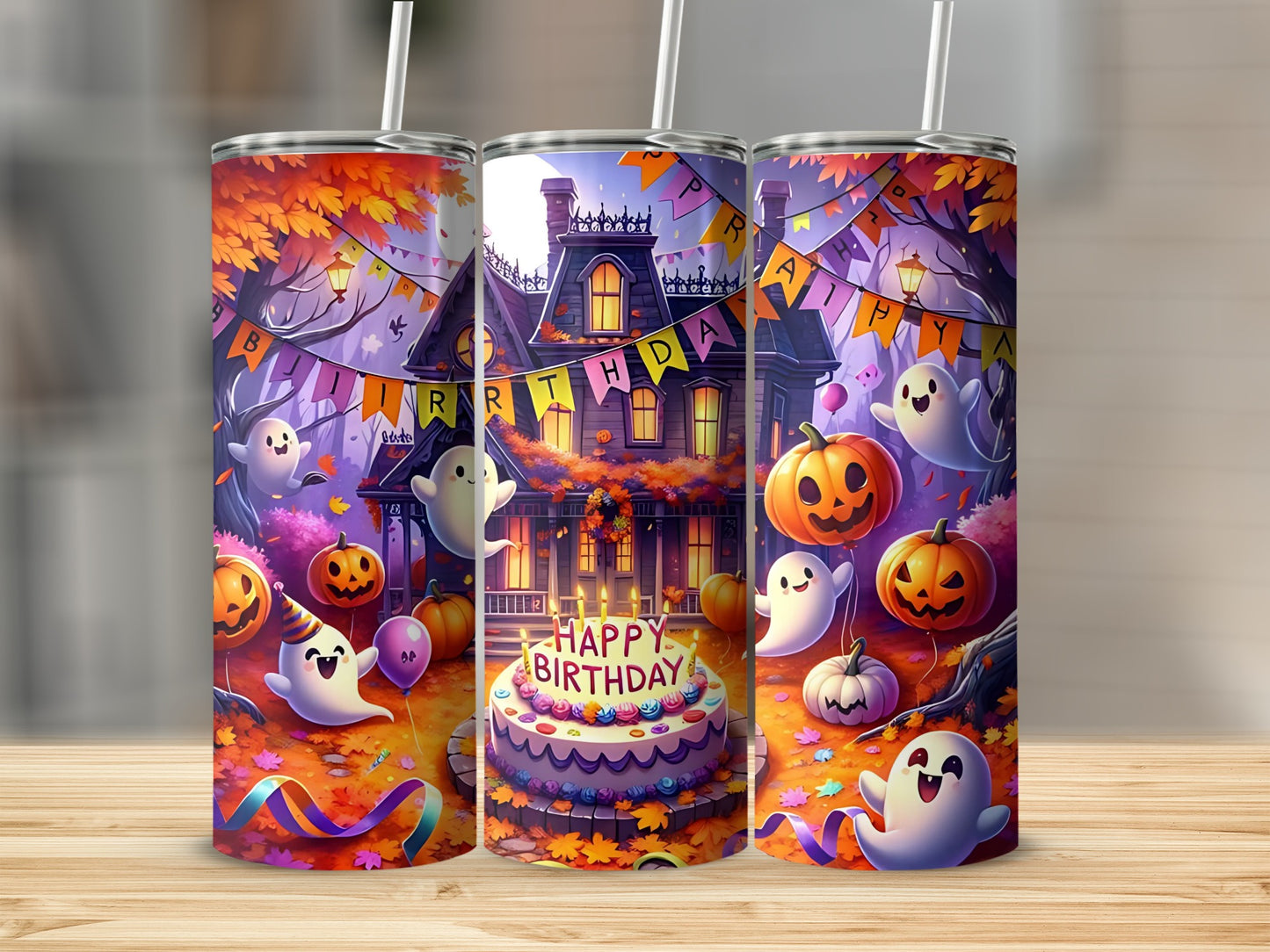 Halloween themed tumblers with ghosts, pumpkins, and a "Happy Birthday" cake.