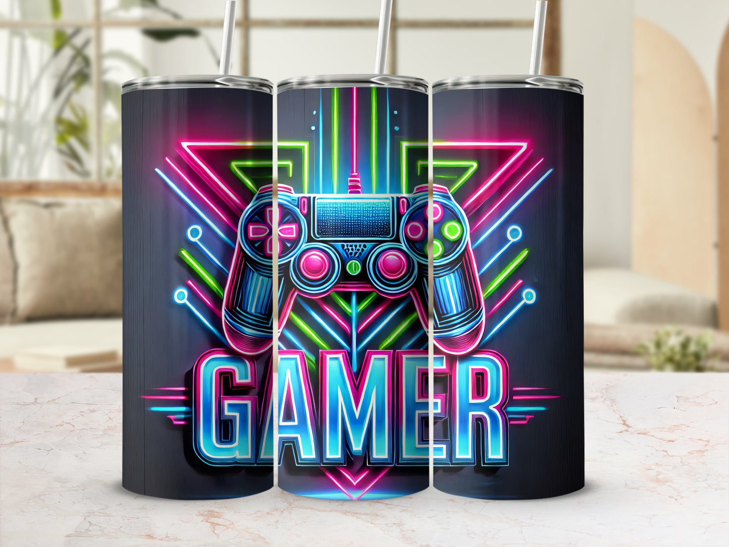 Gamer tumbler with neon geometric design and video game controller.