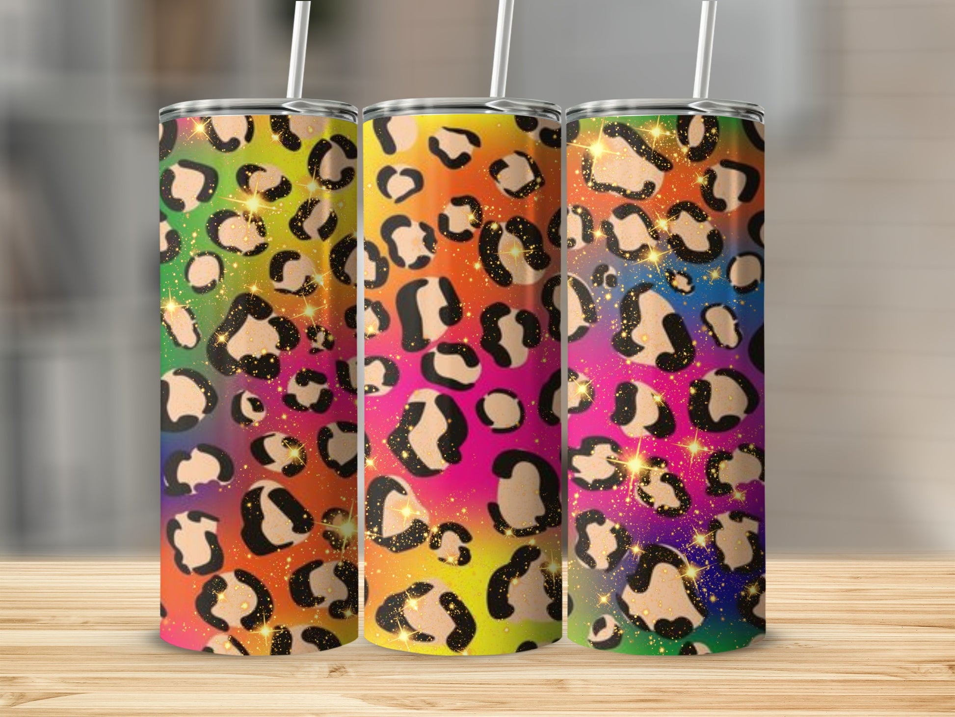 Rainbow Leopard Print Glitter Tumbler Cup Colorful Design