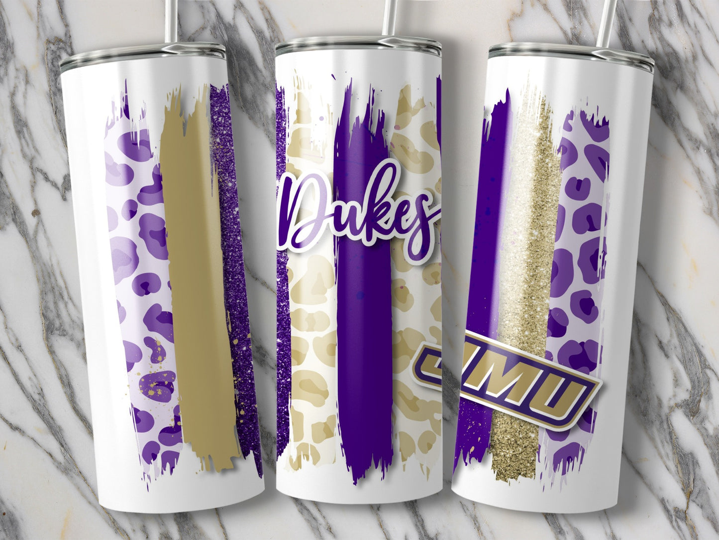 Dukes JMU Brush Strokes Purple Gold Leopard Print Tumblers
