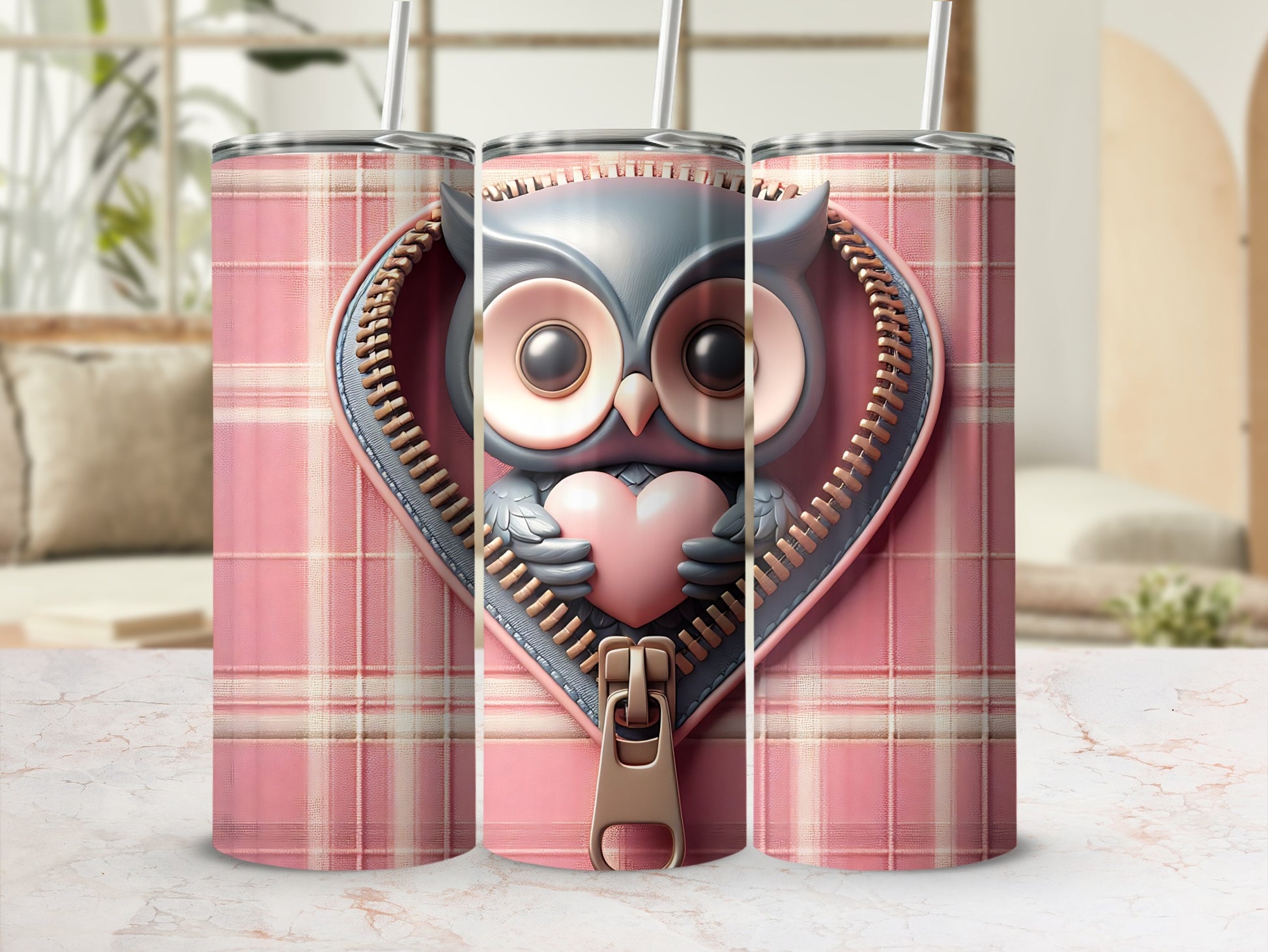Pink plaid tumbler with a gray owl holding a pink heart on a zipper.