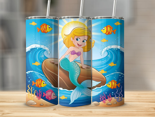 Cartoon mermaid with blonde hair and blue tail on a rock, surrounded by fish.