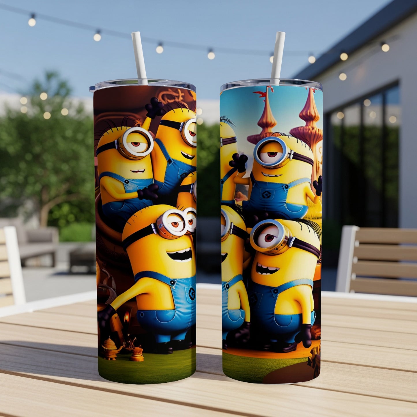 Two Minion tumblers with cartoon characters and castle background.