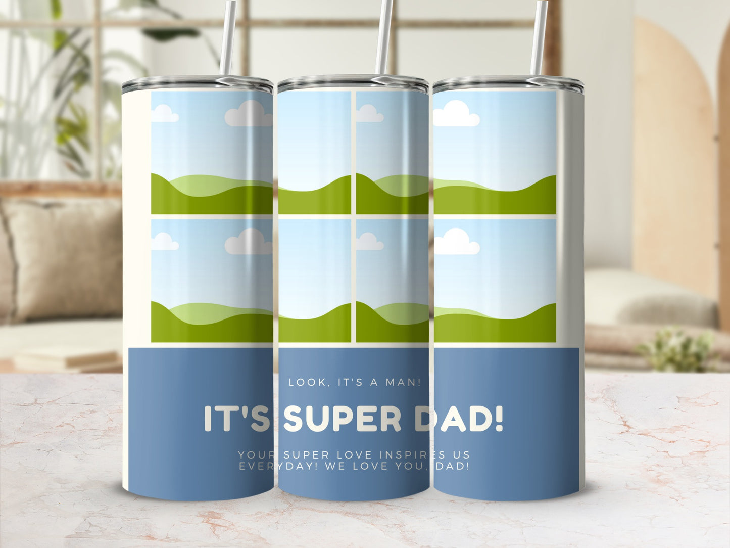 Tumblers with "It's Super Dad!" text and a landscape design.
