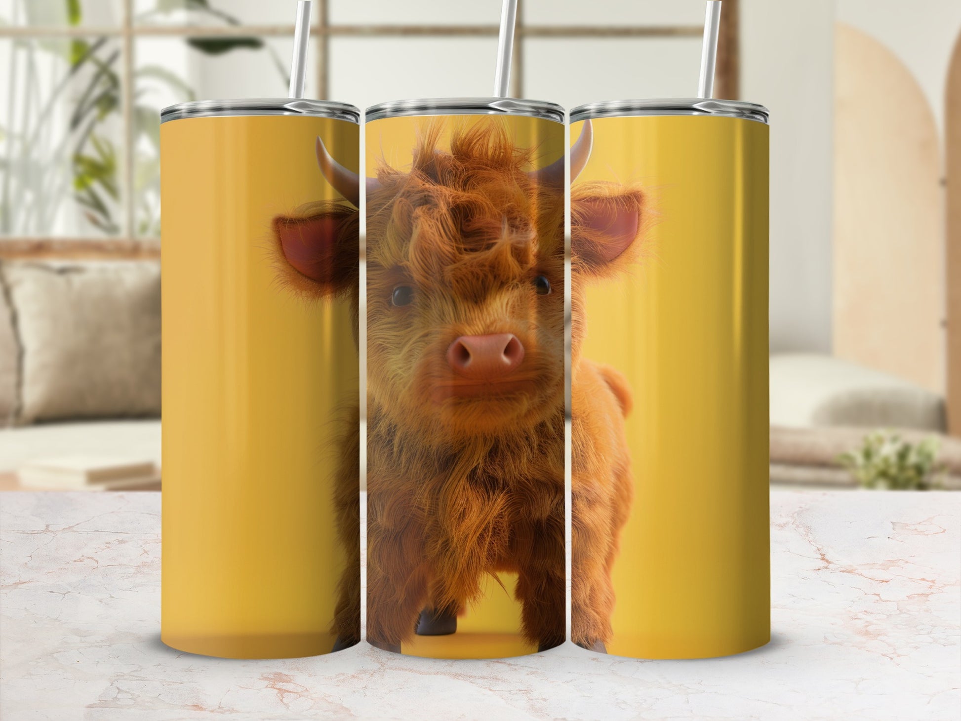 Yellow tumbler with fluffy Highland cow illustration.