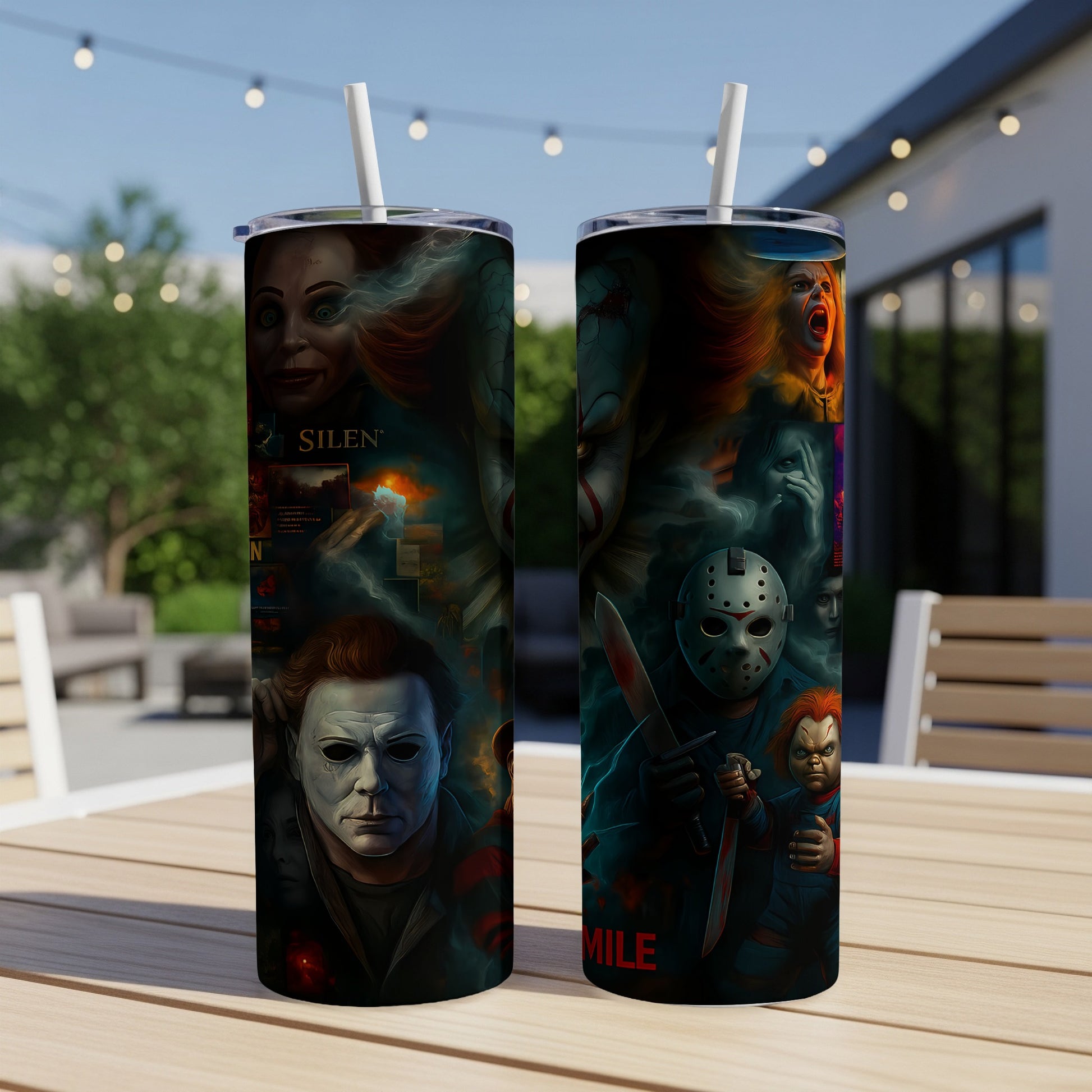 Horror movie characters on two tumblers with straws, placed on a wooden table.