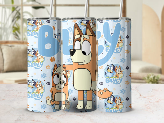 Bluey characters on a blue tumbler with white and orange accents.