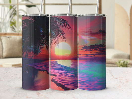 Three tumblers with a tropical sunset beach scene and palm trees.