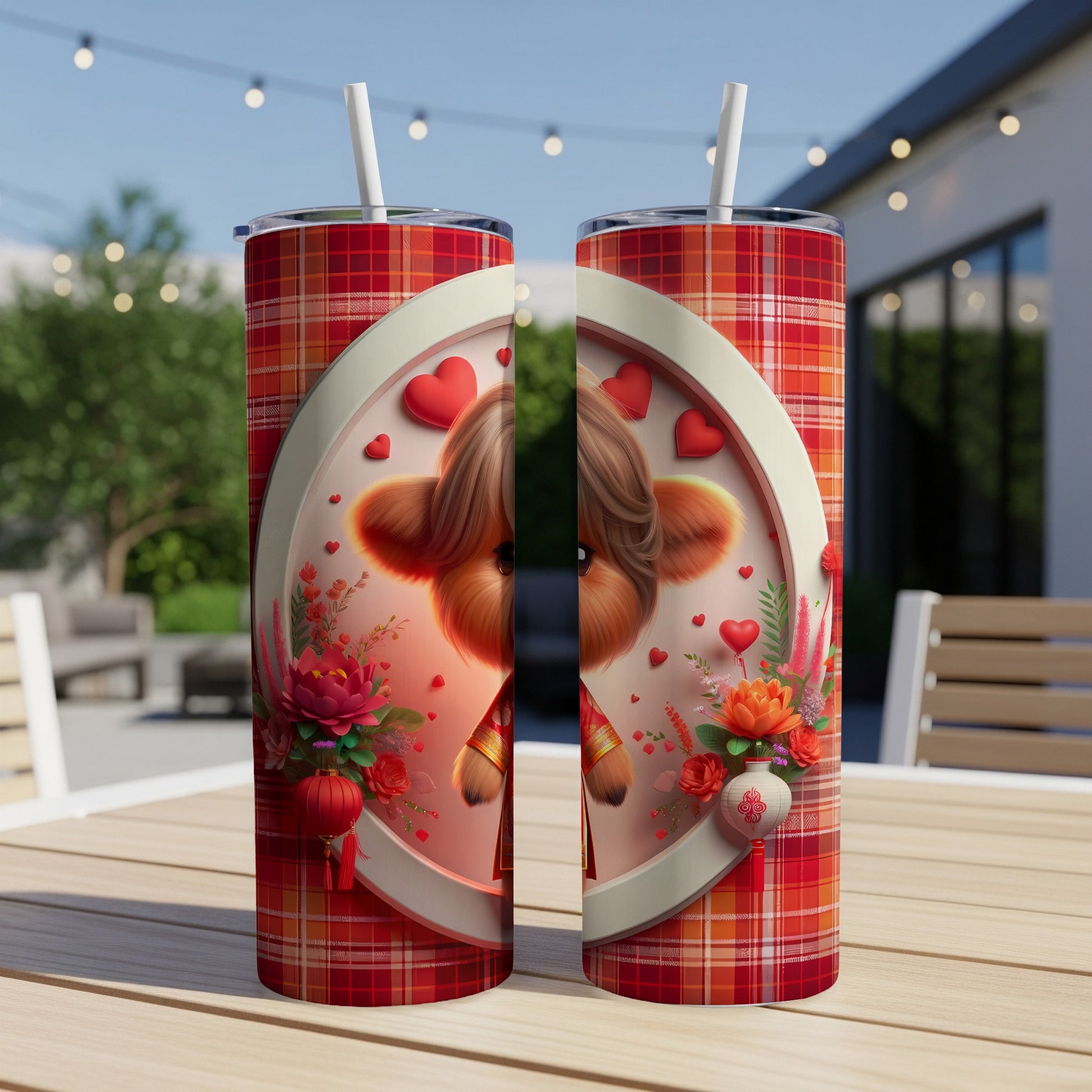 Two tumblers with cartoon cow and floral designs, placed on a table outdoors.