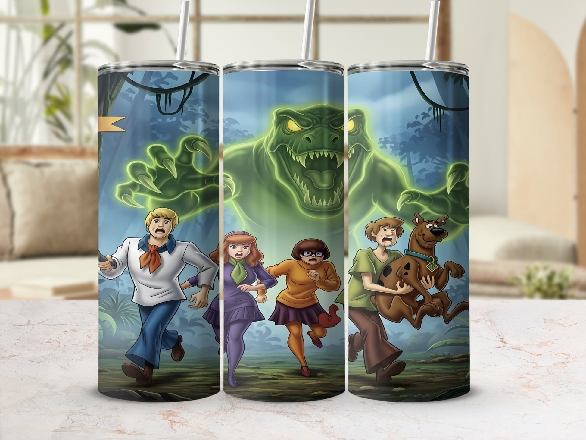 Scooby-Doo and friends run from a glowing green monster in a forest.
