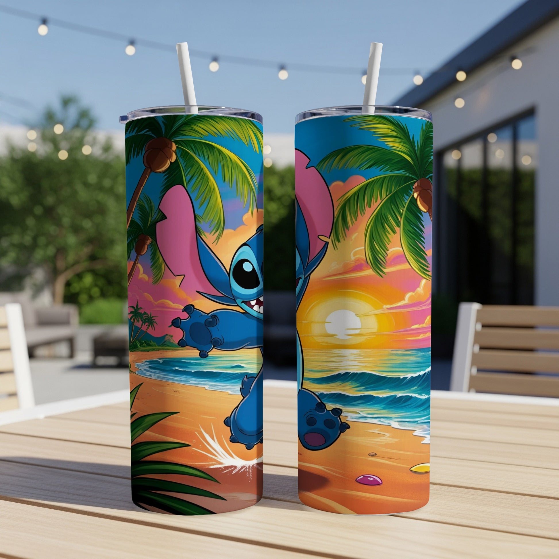 Stitch character on a beach at sunset, tropical scene, two tumblers.