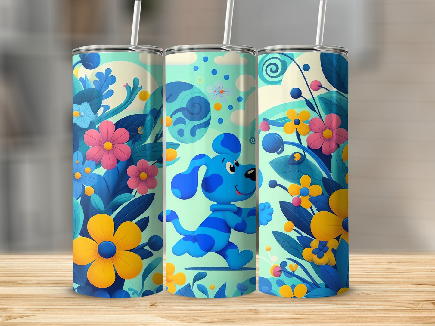 Colorful Floral and Cartoon Dog Design Tumbler Product