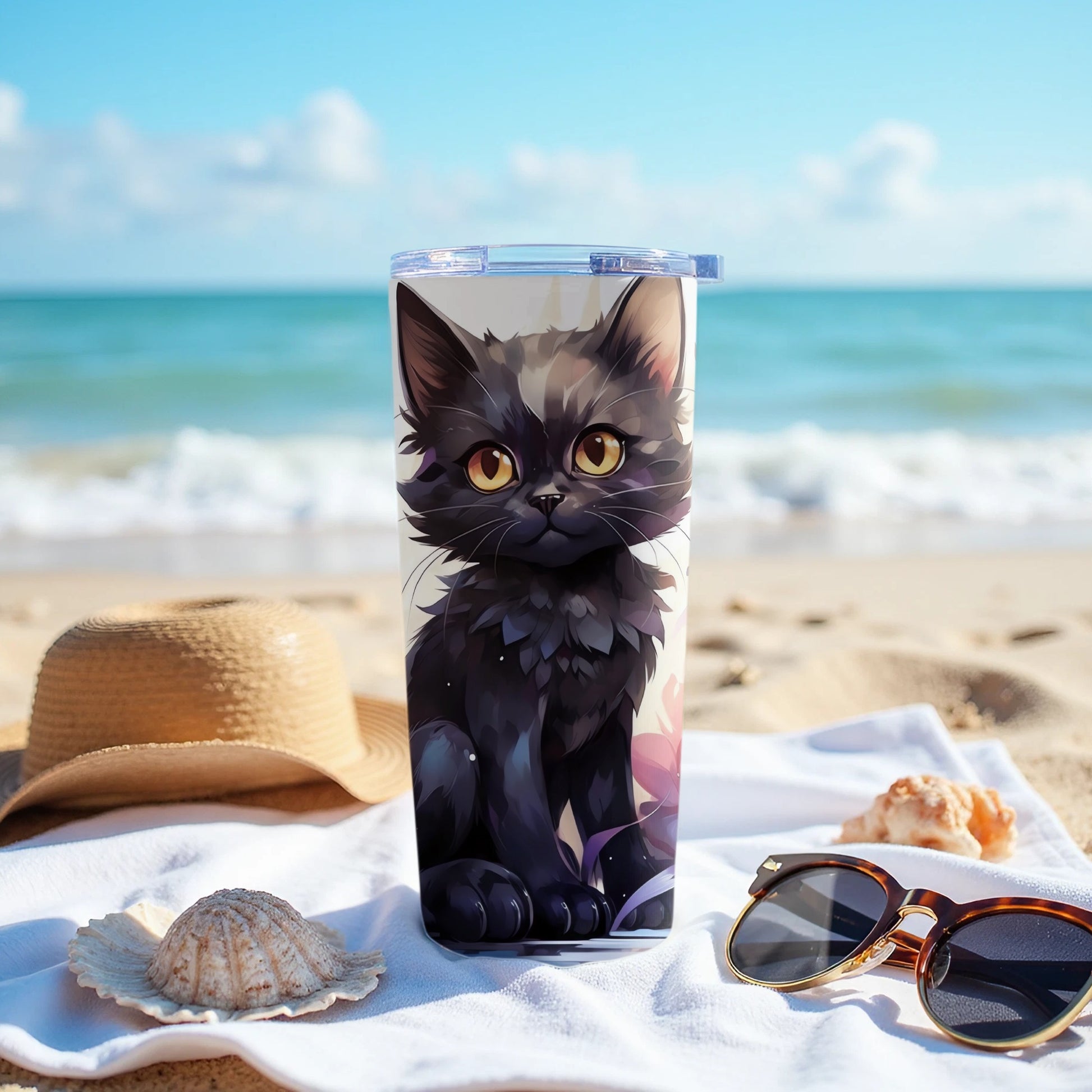 Adorable Black Cat Drinkware Beach Vacation Ocean Product Type
black cat
cat tumbler
cute cat
feline design
anime cat
beach theme
ocean view
summer drinkware
travel mug
kitten art
pet lover gift
adorable cat
chibi cat
unique cup
seaside style
vacation essential
drink vessel
insulated cup
animal print
coffee tumbler