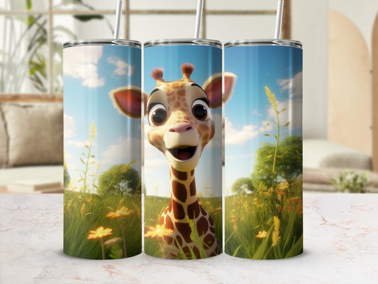 Adorable Cartoon Giraffe in Flower Field Tumbler
