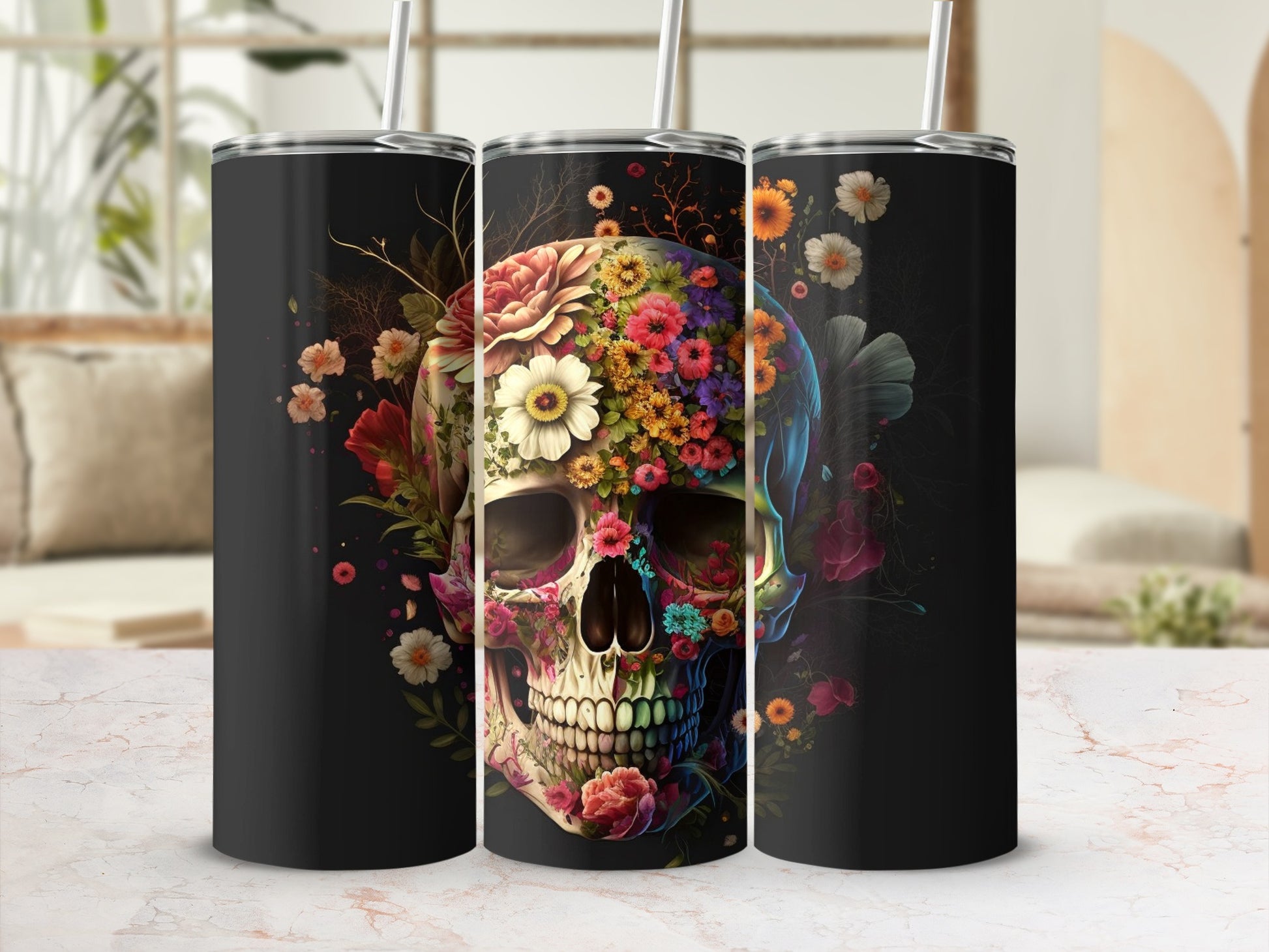Colorful Floral Skull Design Insulated Tumbler