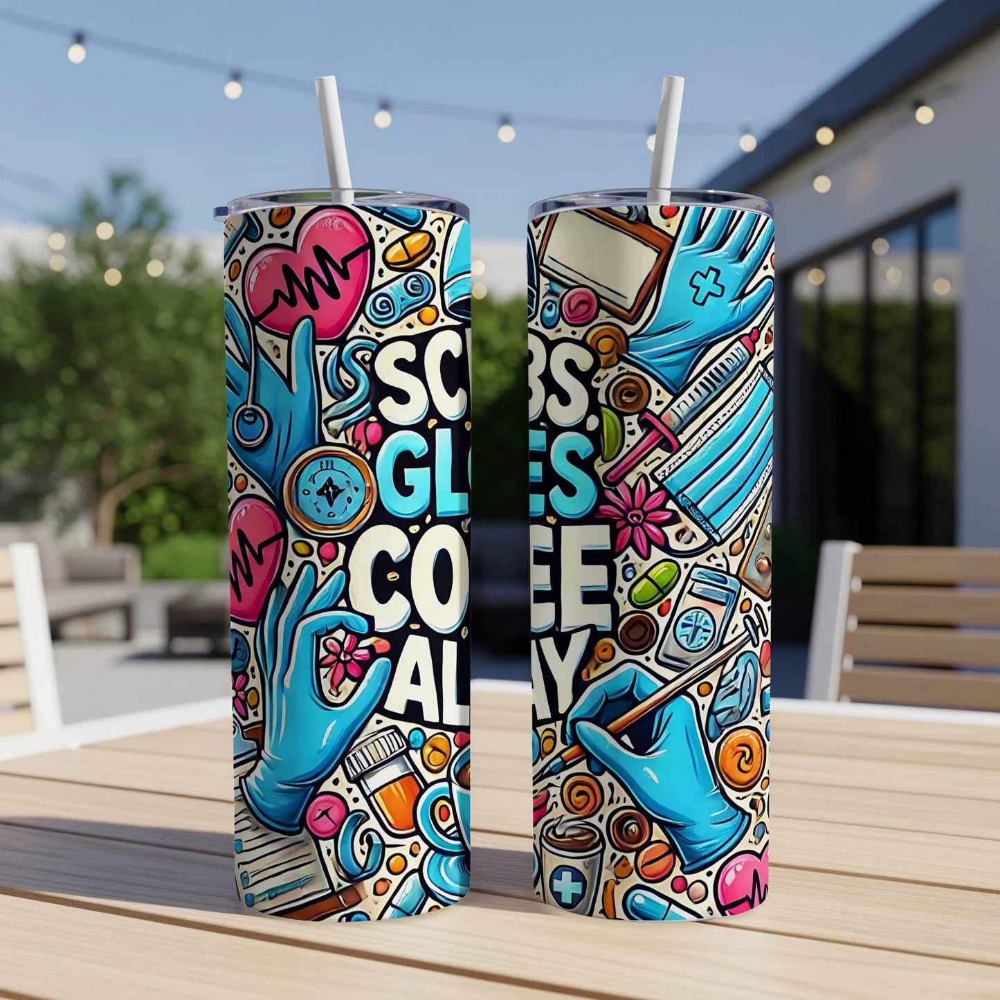 Two tumblers with medical illustrations and text: "Scrubs, Coffee, All Day".