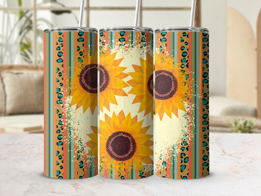 Three tall tumblers with sunflowers and leopard print stripes.