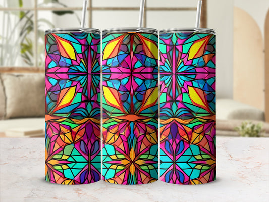 Three stained glass tumblers with a colorful floral pattern.