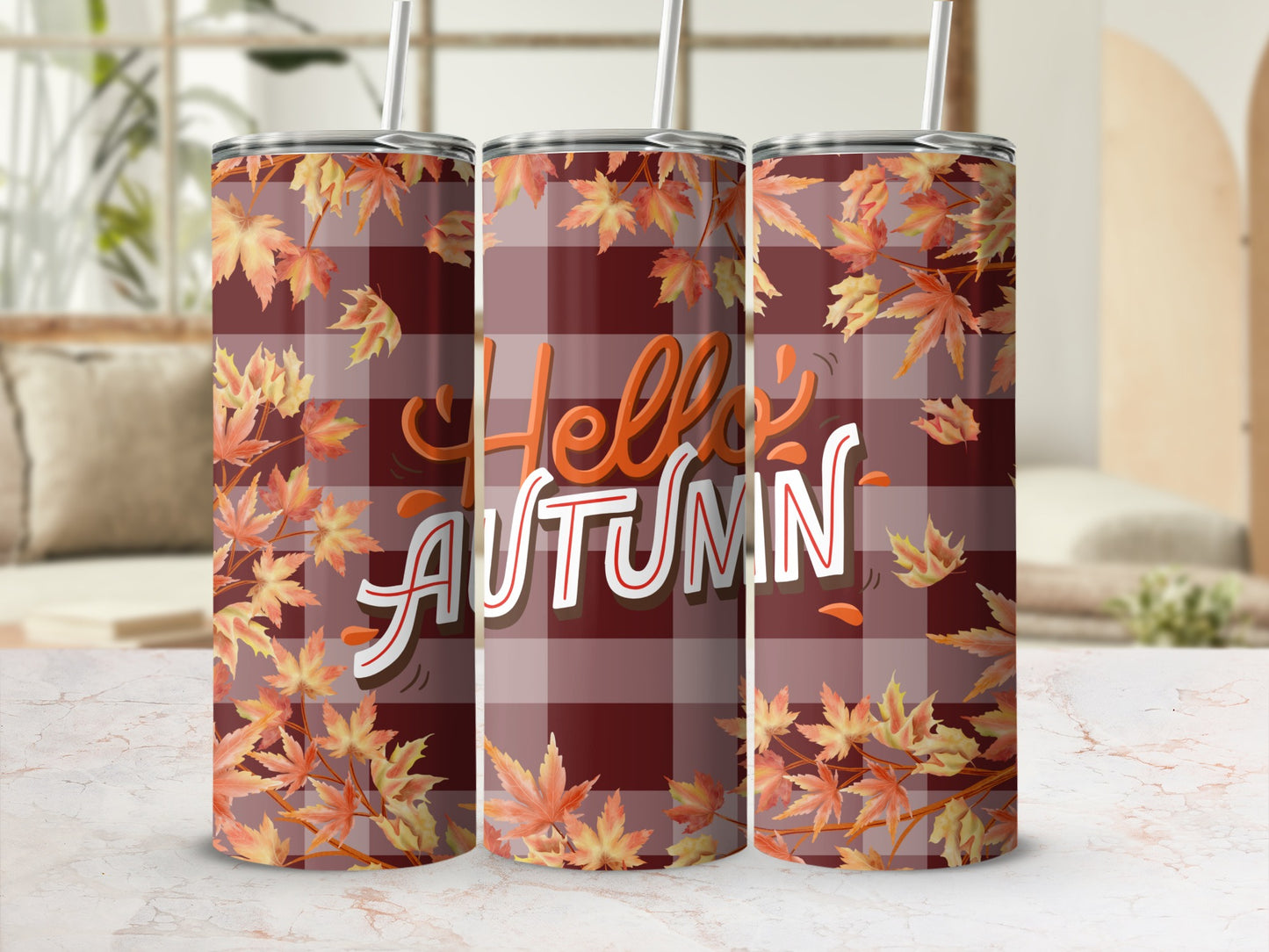 Hello Autumn Plaid Leaves Double Walled Tumbler