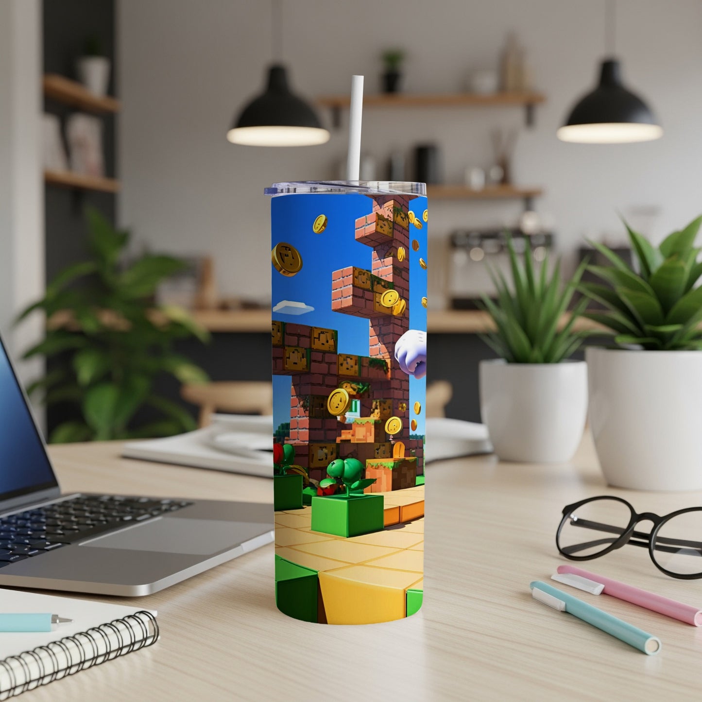 Mario scene on a tumbler cup with a straw.
