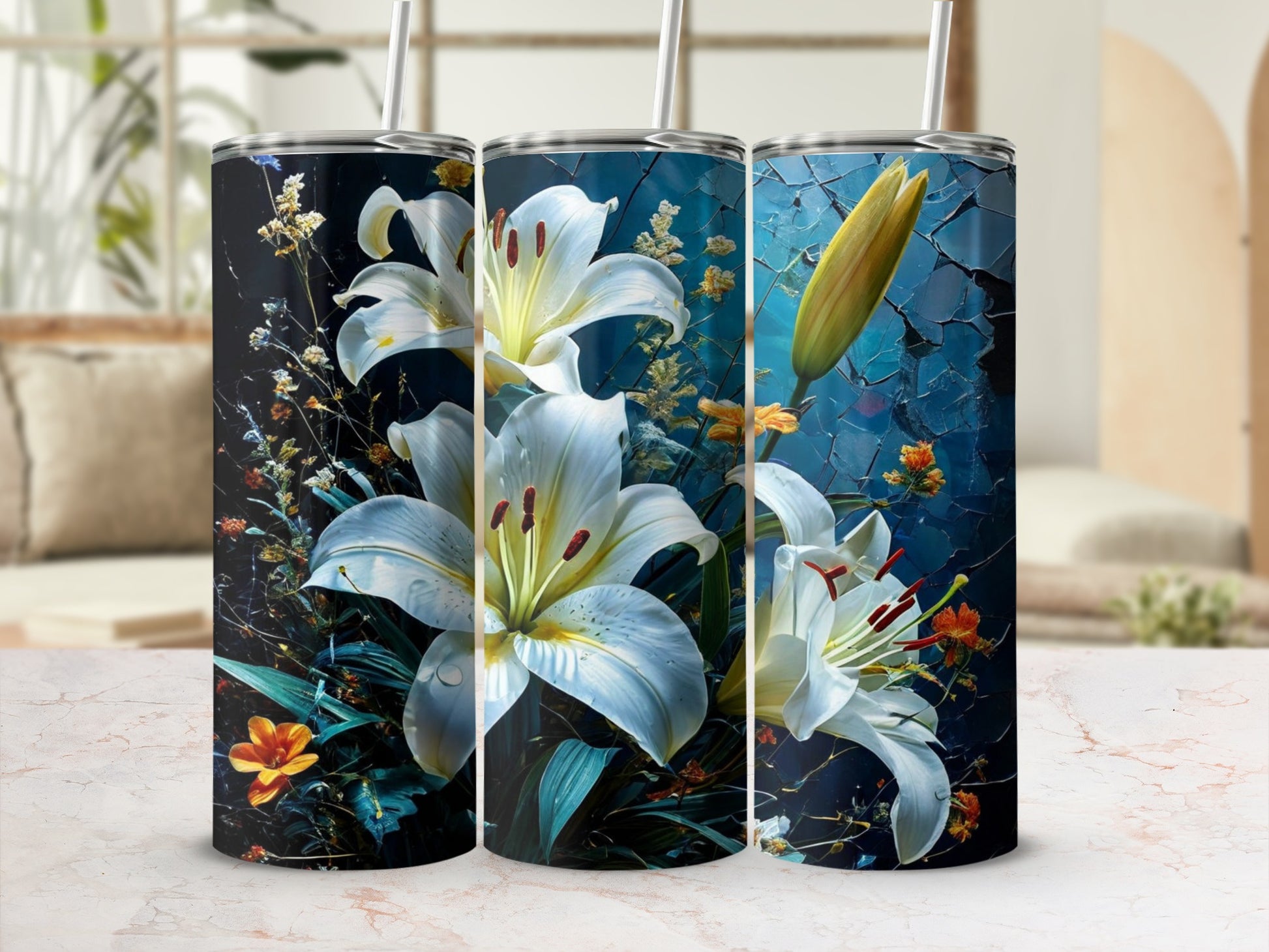 Three tumblers with white lilies and dark floral accents.