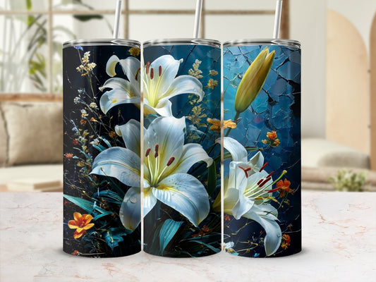 Three tumblers with white lilies and dark floral accents.