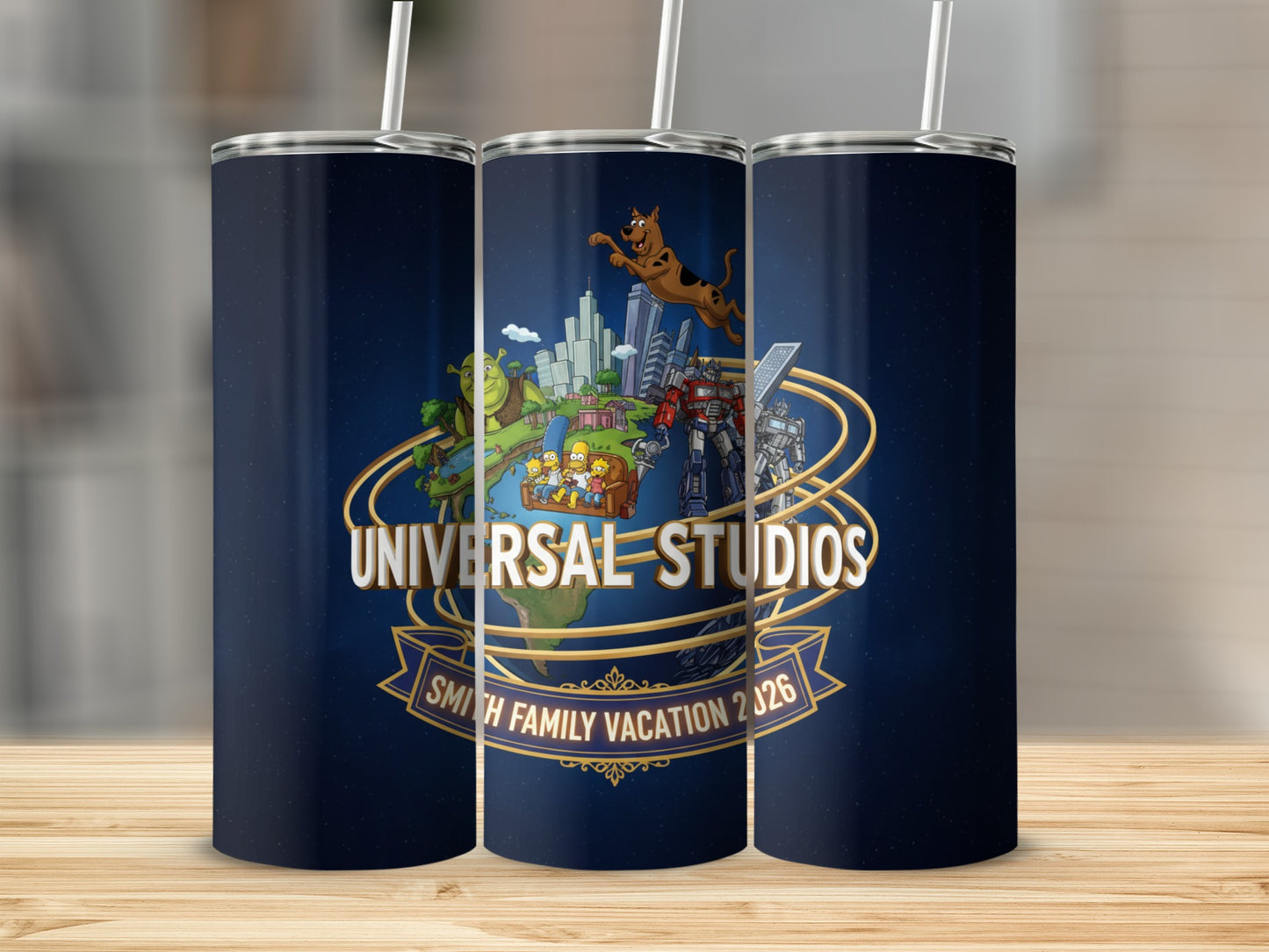 Universal Studios "Smith Family Vacation 2026" tumbler with characters.